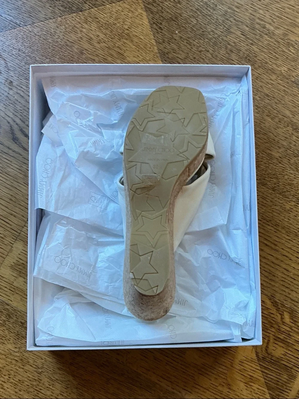NWT Jimmy Choo Latte Knot Cork Platform Sandals with Gold Accent